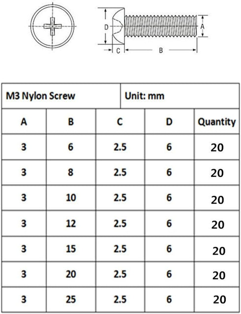 280pcs Metric M3 7-Sizes Nylon Phillips Pan Head Screw Nut Assortment Kit - M3x 6mm to 25mm, Nut Hex M3 (Black)