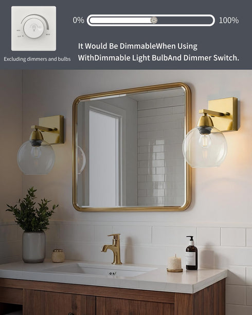 Ruibutrade 1-Light Bathroom Light Fixtures, Matte Gold Vanity Light with Hand-Blown Thick Glass Shade, High Clarity