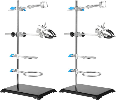 PINGEUI 2 PCS Lab Stand Set, 16 Inch Laboratory Support with 4 Retort Rings, 2 Flask & 2 Burette Clamps