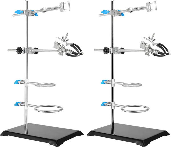 PINGEUI 2 PCS Lab Stand Set, 16 Inch Laboratory Support with 4 Retort Rings, 2 Flask & 2 Burette Clamps