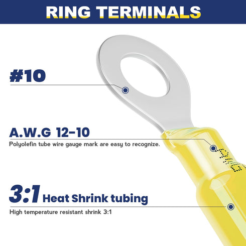 haisstronica 100PCS Heat Shrink Ring Terminals #10, Marine Grade Wire Connectors, Tinned Red Copper, Insulated