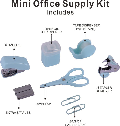 Mini School Supply Kits - Mini Office Supply Kits with Mini Stapler, Scissors, Tape Dispenser & More (Blue)