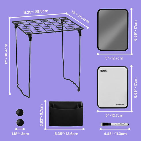 Locker Kit: 12 Inch Shelf and Magnetic Locker Accessories, 13 Piece Bundle with Mirror and Whiteboard