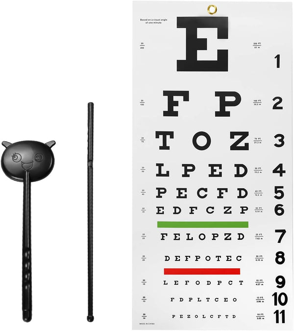 Eye Chart Snellen Wall Chart with Hand Pointer and Eye Occluder for Medical Exams (3 Piece Set)