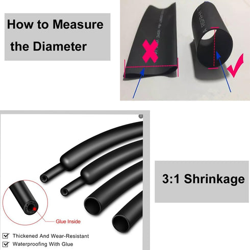 3:1 Shrinking Ratio Black Heat Shrink Tubing Roll, Dual Wall Adhesive Lined Electrical Cable Wire Sleeving Wrap Dia
