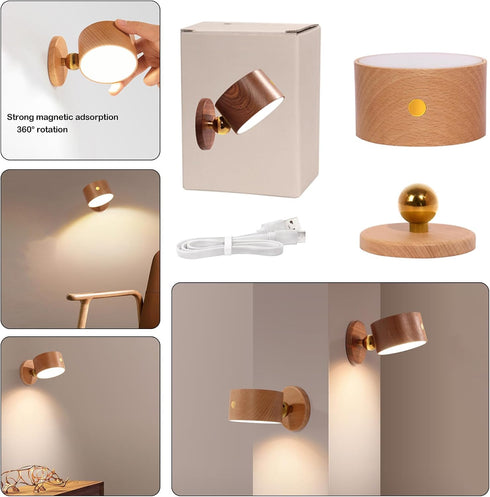 HBGFHG 360 Dimmable 1pcs) Wooden Led Wall Sconce, Rotatable Wall Lights Rechargeable Wall Lights Battery Operated