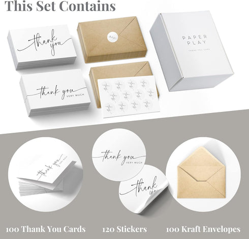 Pack 100, 4x6 Inch Thank You Cards with Envelopes & Matching Stickers, Bulk of Minimalistic Design - Suitable
