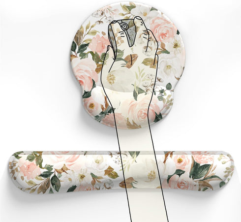 Pink Flower Desktop Mat, Aesthetic Wrist Support Keyboard Mouse Wrist Rest Set for Comfortable Typing & Pain Relief