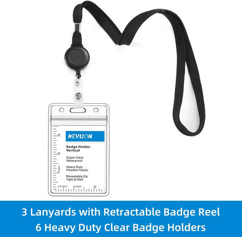 Cruise Flat Lanyard with Retractable Badge Reel & Heavy Duty Clear Vertical ID Card Holder (Black, 3 Pack)