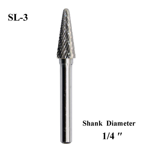 SL-3 Tungsten Carbide Burr Rotary File Taper Shape with Radius End Double Cut, 1/4" Shank for Die Grinder