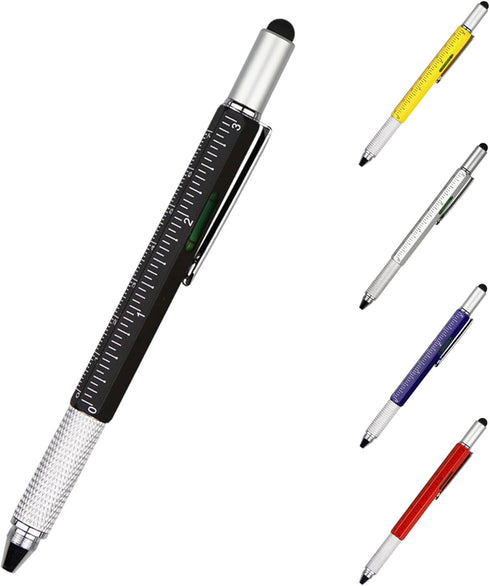 DUNBONG 6-in-1 Metal Multi Tool Pen - Stylus, Screwdriver, Ballpoint Pen, Level, Ruler, 1-Count (Black)