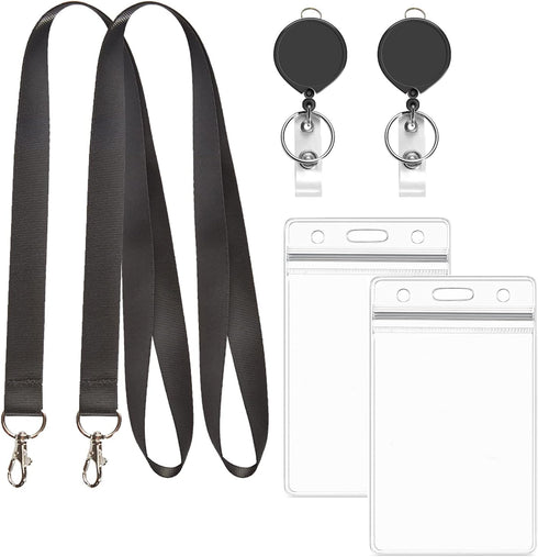 YOUOWO Black Lanyards with ID Badge Holder, 4x3 Vertical and Retractable Badge Reel Protector, 2 Pack