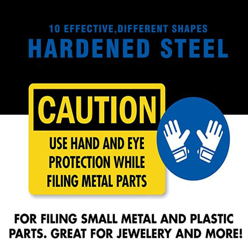 10Pcs Mini Needle File Set - Hardened Alloy Strength Steel Files Includes Round, Tapered, Half Round, and More
