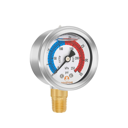 Roastove 2" Dial Pool Filter Pressure Gauge, Glycerine Filled, Water Pressure Gauge, 304 Stainless Steel Case