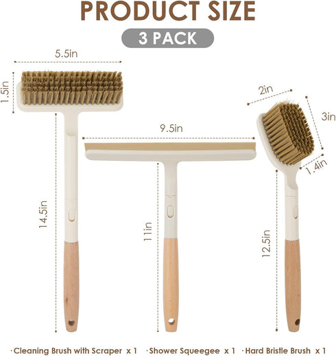 QuiVix 3 Pack Set 2-in-1 Hard Bristle Scrub Brush with Long Wooden Handle, Heavy-Duty Scrubbing Brushes with Scraper
