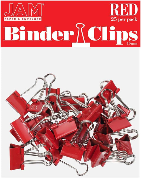 JAM PAPER Small Colorful Binder Clips, 3/4 Inch (19 mm), Red, 25/Pack