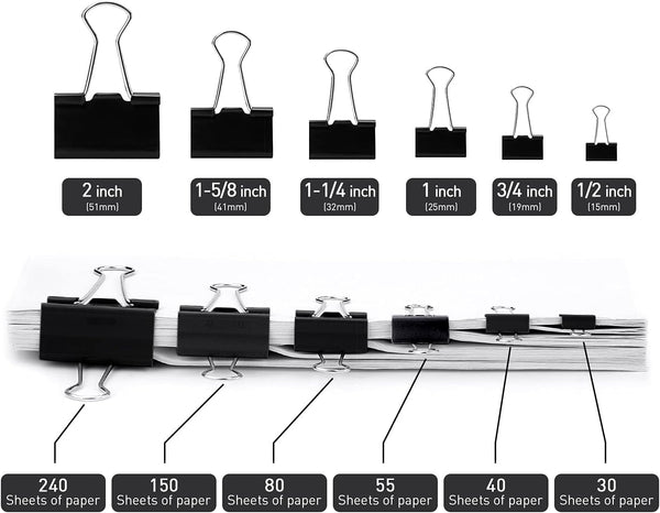 Black Binder Clips, 144 Pack, 1 Inch Standard 25mm Clamps, Medium Size, Office Clips