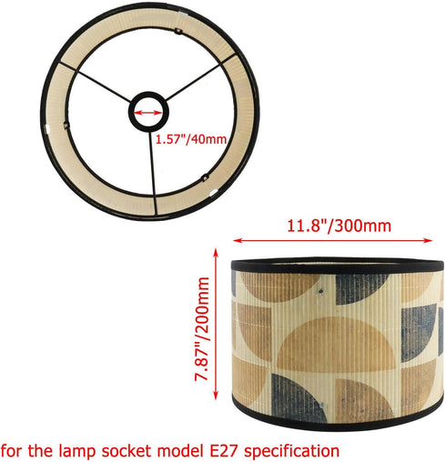 E27 11.8" 11.8" 7.87" 4 Crapyt Drum Wood Lampshade, Round Removable Lamp Cover, Vintage Geometric Pattern Lampshades
