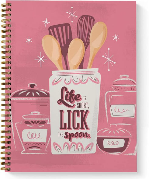 Softcover Lick The Spoon Recipe Spiral Notebook, 8.5"x11", 120 Recipe Pages, Durable Gloss Cover