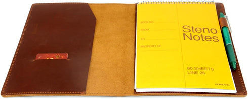 Leather Cover Compatible with 6" x 9" Spiral Steno Pads, Distressed Genuine A5 Leather Cover with Pen Loop
