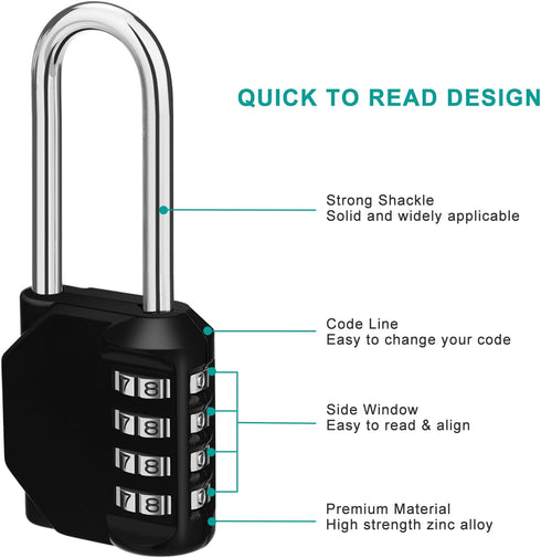 ZHEGE Long Shackle Combination Lock - 4 Digit Resettable Waterproof Padlock for School, Gym, Outdoor