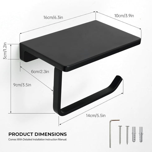 Toilet Paper Holder Wall Mount with Shelf, Bathroom Tissue Holder with Phone Storage, Rustproof Metal Roll Dispenser