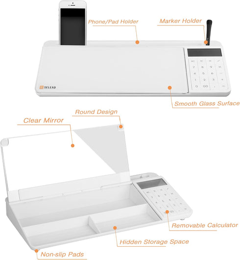 SELEAD Desktop Glass Whiteboard with Calculator & Built-in Mirror, Dry Erase White Board Computer Pad with Organizer