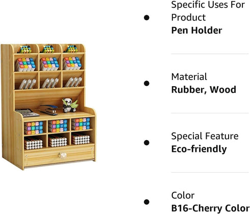 Wooden Desk Organizer with Drawer, Large Capacity DIY Pen Holder Storage Box, Caddies for Office, Home and School