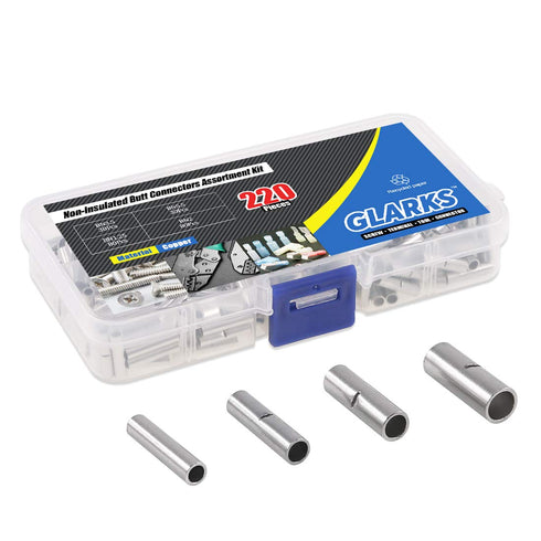 Glarks 220Pcs Non-Insulated Butt Connectors Assortment Kit, 22-16/16-14/14-12/12-10 AWG Gauge for Electrical Splice