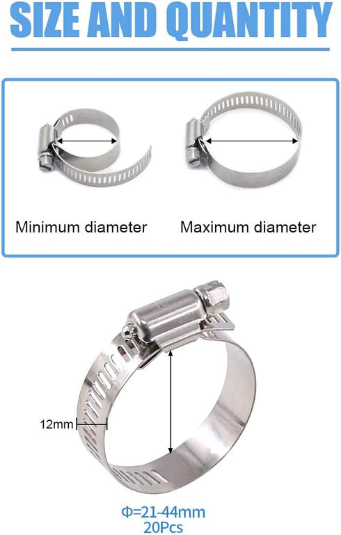 Glarks 20Pcs 304 Stainless Steel Adjustable Worm Gear Hose Clamps Assortment Kit, 21-44MM Range for Plumbing