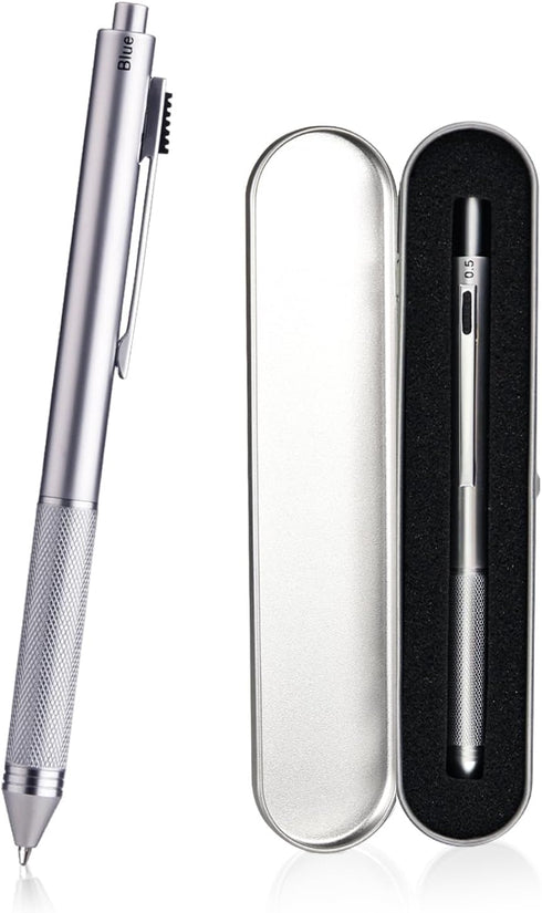 smttw 4 in 1 Multi-Function Refillable & Retractable Ballpoint Pen, Silver Metal Barrel with 0.5mm Mechanical Pencil