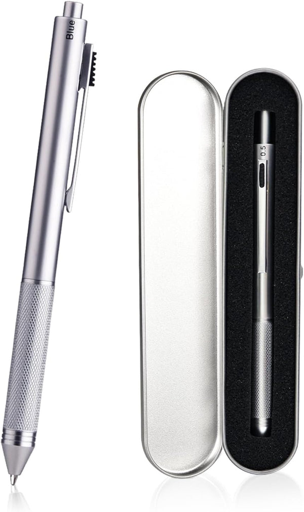 smttw 4 in 1 Multi-Function Refillable & Retractable Ballpoint Pen, Silver Metal Barrel with 0.5mm Mechanical Pencil