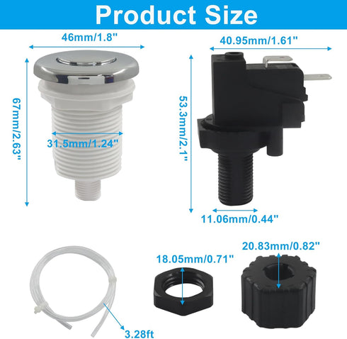 Kyuionty 1M Hot Tub Air Switch Kit, Polished Chrome Push Air Button Switch Jetted Whirlpool Jet Bath Tub, On Off Switch