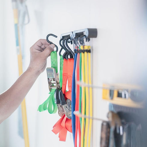 Hook Rail - 2/pk for Organizing Tie-Down Straps, Low-Profile Wall-Mounted Cargo Strap Management for Home or Garage