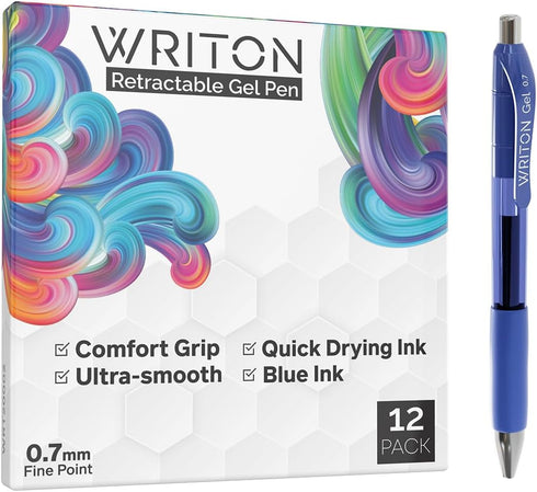 Writon 12 Pack Retractable Gel Pens, Comfort Grip, 0.7mm Fine Point, Blue Ink