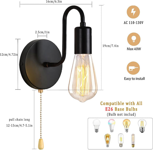 1-Light E26 Bulb Pull Chain Wall Light Fixture Wall Sconce with On Off Switch Hardwired Black Wall Sconces Indoor