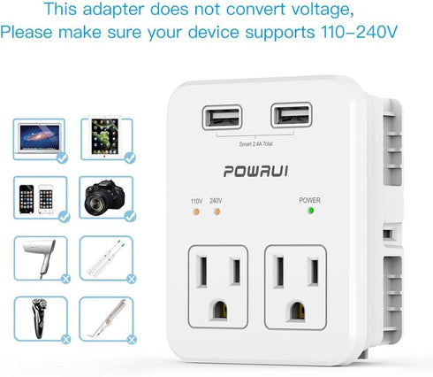 Travel Essentials European Plug Adapter - International Power Plug with 2 USB Ports & 2 US Outlets for Europe, UK