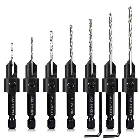 7 Pack Countersink Drill Bits Set, Wood Drill Countersink Counterbore 3in1, Three 82-Degree Chamfer Cutters, M2 Counterbore Cutting Depth Adjustable, with 2 Allen Wrenches and 1/4 Hex Shank