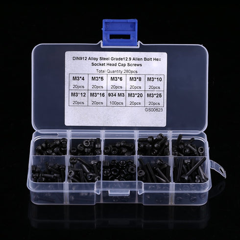 280Pcs M3 Hexagon Socket Screw Nut Set - Black Socket Head Screws, Lengths 4/5/6/8/10/12/16/20/25mm