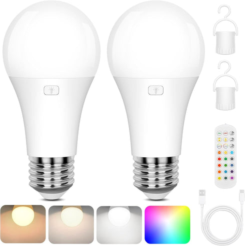 Yochoice 2-Pack A19 Rechargeable Light Bulbs with Remote, 15 Colors Shift + Dimmable