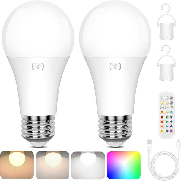 Yochoice 2-Pack A19 Rechargeable Light Bulbs with Remote, 15 Colors Shift + Dimmable