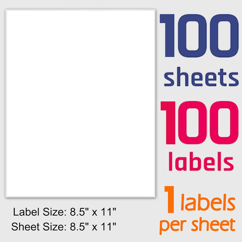 Printable White Sticker Labels, 100 Sheets, 8.5" x 11" Full Sheet for Laser & Inkjet Printers