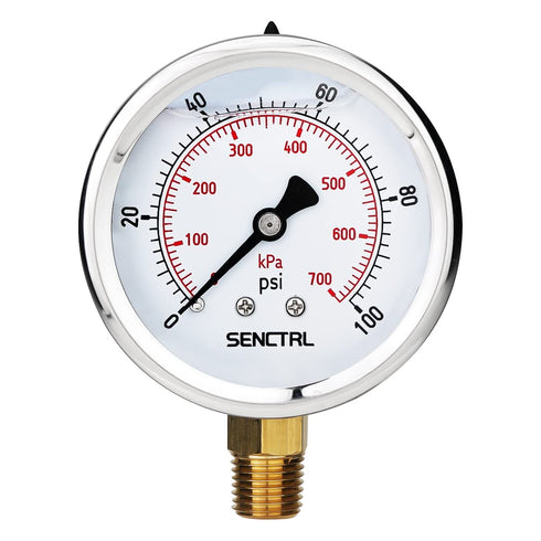 0-100 Psi Glycerin Liquid Filled Low Pressure Gauge, 2.5" Dial Size, 1/4" NPT Lower Mount for Water Pump