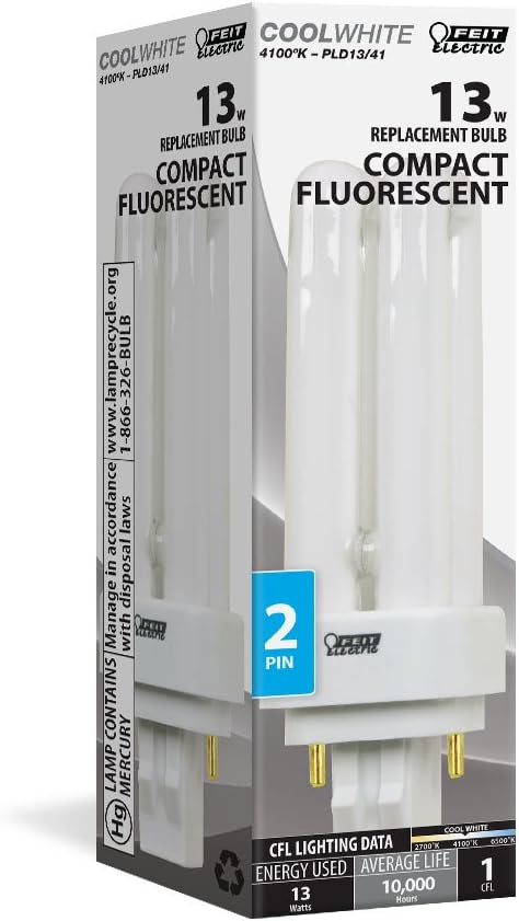 13W GX23-2 Bulb, 4100K, 780 Non-Dimmable 10,000 PLD13/41 Feit Electric PL Fluorescent Light Cool White Lumens, CFL