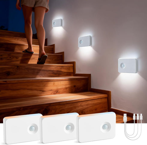 Powfloven Rechargeable Motion Sensor Stair Lights, 3 Pack Smart Wireless Led Battery Operated
