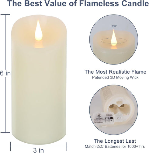 Flameless Candles Flickering 3D Moving Flame, Last 1000+ Hours Battery Operated Candles with Timer, Ivory Real Wax Electric LED Pillar Candles for Home Wedding Decoration | 3" x 6" by TECHLONG