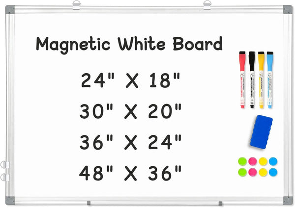 Double-Sided Magnetic Whiteboard, 24" x 18" Dry Erase Board with Aluminum Frame for Wall, Hanging