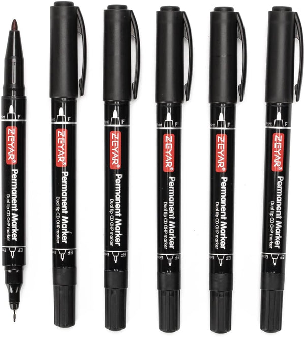 ZEYAR Twin Tip Permanent Markers, Ultra Fine Point & Fine Point, 6 Black Color CD/DVD Markers for Signature and Marking