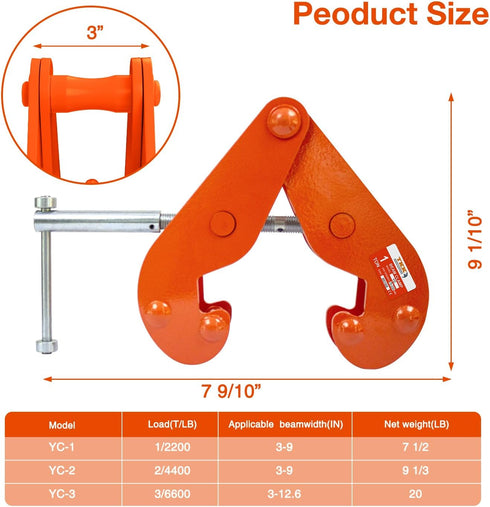 TKK Beam Lifting Clamp, 2200Lbs/1Ton Load Capacity, Adjustable Opening Flange for Lifting Rigging (Orange)