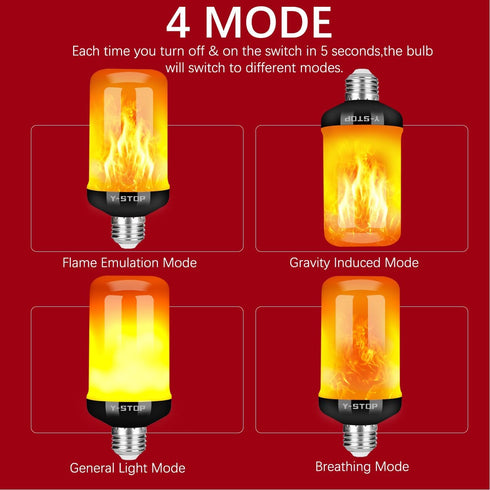 Y-STOP LED Fire Light Bulb with Flickering Flame Effect, 4 Modes for Halloween, Christmas Decorations
